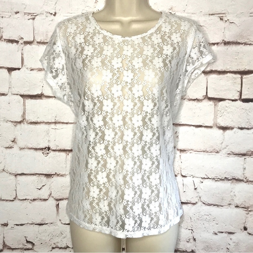 CAMELEON White lace sheer cap sleeve blouse Size Medium Large - Picture 8 of 15